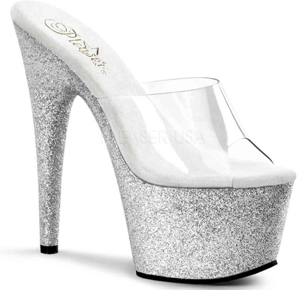 EU 42,5 = US 12 | ADORE-701SDG | 7 Heel, 2 3/4 PF Slide Featuring Glitter Covered Bottom